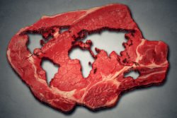 Steak mit eingestanzter Weltkarte als Symbolbild für den Fleischatlas.
