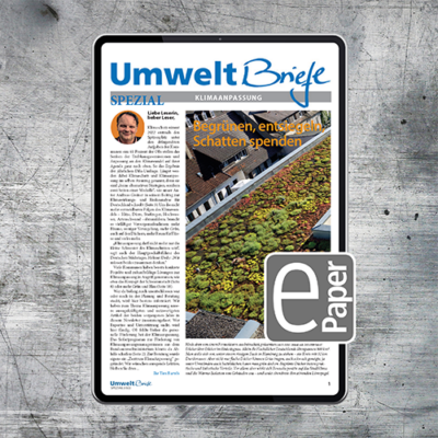 Tablet mit E-Paper Umweltbriefe Spezial auf grauem Hintergrund