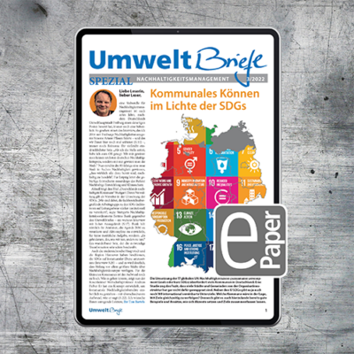 Tablet mit E-Paper Umweltbriefe Spezial auf grauem Hintergrund