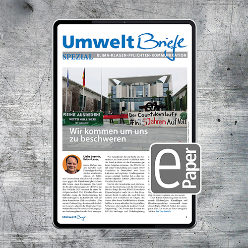 Tablet mit E-Paper Umweltbriefe Spezial auf grauem Hintergrund